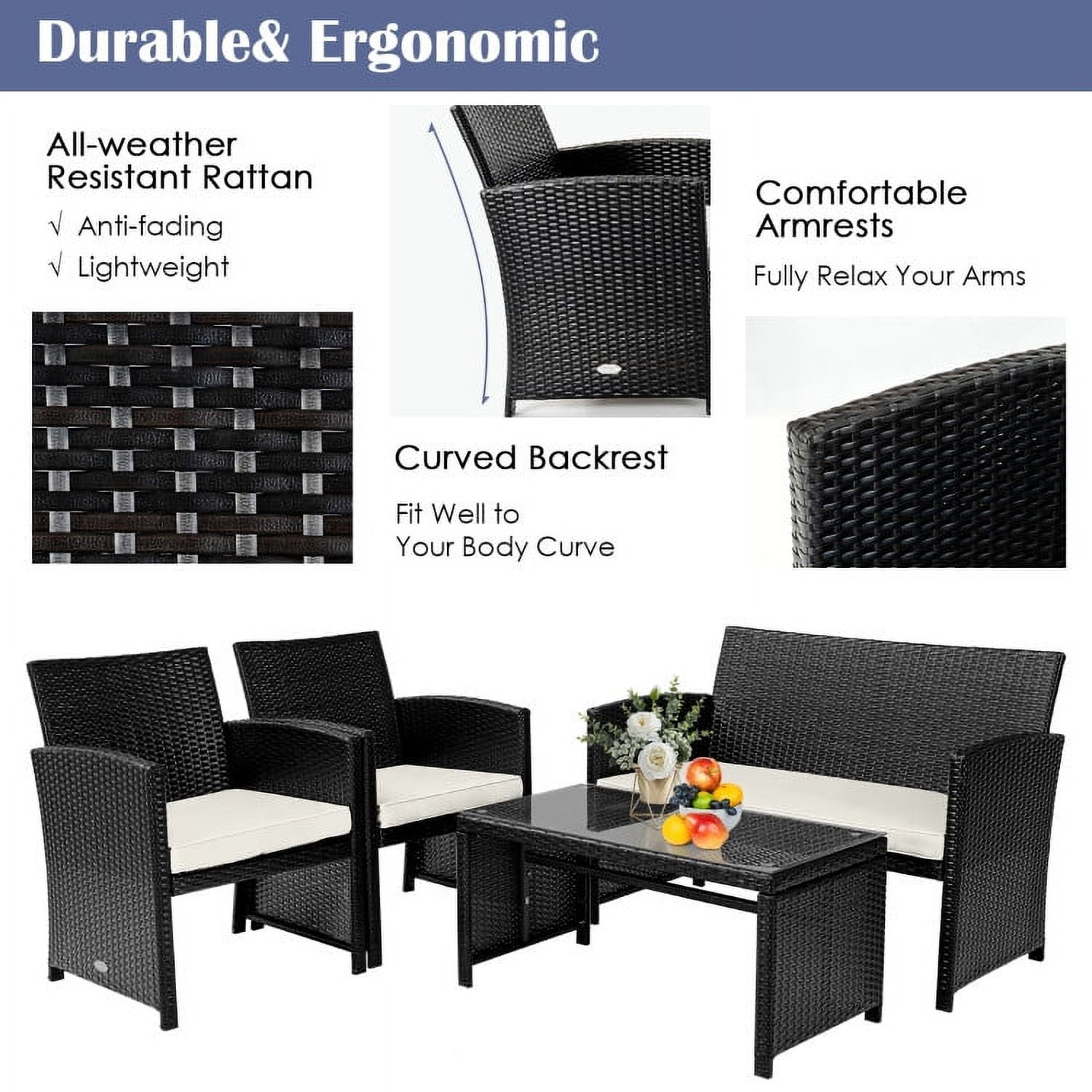 Aimee Lii 4 Pieces Wicker Patio Furniture Set, Coffee Table Cushioned Sofa, Modern Patio Furniture, White Aimee Lii 4 Pieces Wicker Patio Furniture Set, Coffee Table Cushioned Sofa, Modern Patio Furniture, White