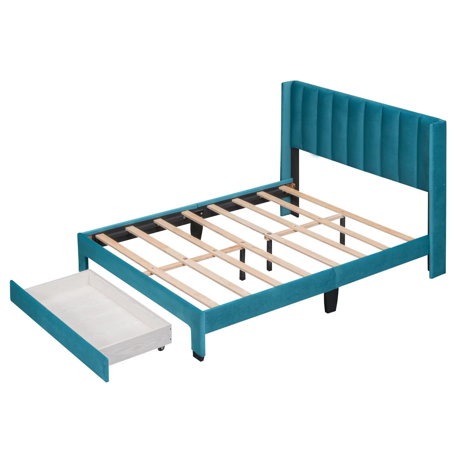 Velvet Upholstered Bed Frame, Full Platform Bed with Tufted Headboard