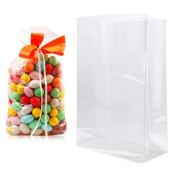Clear Gusseted Poly Bags, 6 x 3 x 15 Inches. Pack of 50 Side Gusseted Plastic Bags with Open Top. Crystal Clear Baggies for Treats. Tear-Resistant 2 Mil Polyethylene Flat Bottom Bag