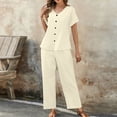 thumbnail image 5 of ibuvkizy Women's 2 Piece Casual Outfit Set V Neck Button Front Short Sleeve Tops with Lace Trim & Elastic Waist Cropped Wide Leg Pants with Pockets,Lightweight Linen Blend Summer Matching Suit, 5 of 9