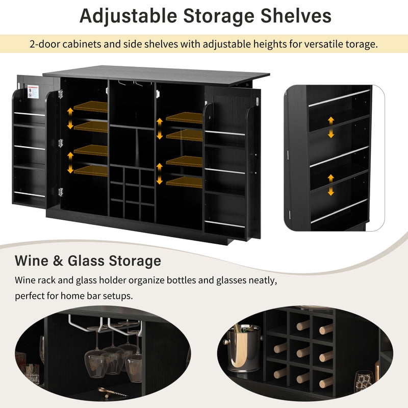 Counter Height Sideboard Buffet Kitchen Island with Drop Leaf & Power Outlet, Bar Storage Cabinet with Wine Rack & Stemware Holder
