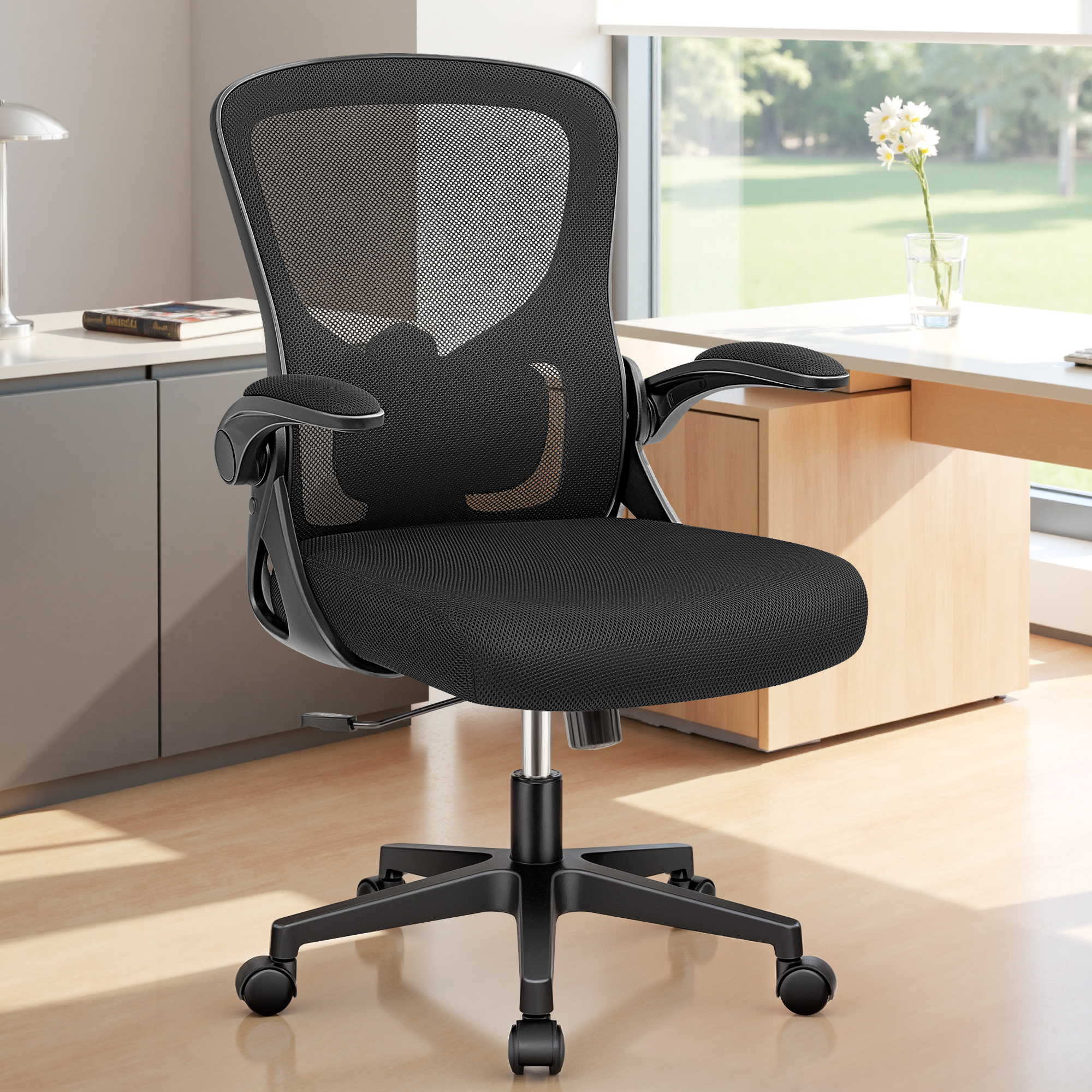 ATHOPE Office Chair, Ergonomic Desk Chairs 300LBS Capacity High Back Mesh Computer Chair with Flip-up Armrests, Comfy Work Chair with Adjustable Lumbar Support for Home Office, Black
