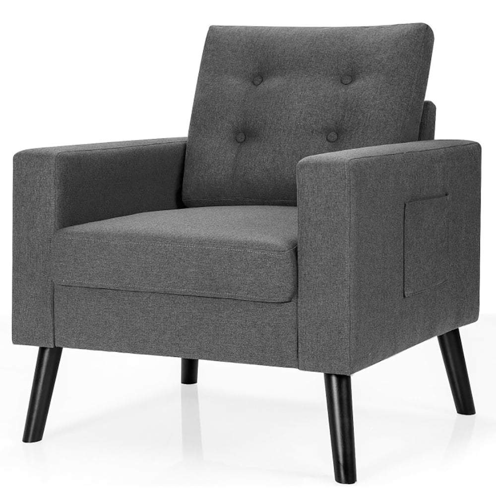 Finihen Upholstered Armchair Chair, Mid-Century Upholstered Armchair Club Chair with Rubber Wood Legs, for Living Room, Bedroom, Gray