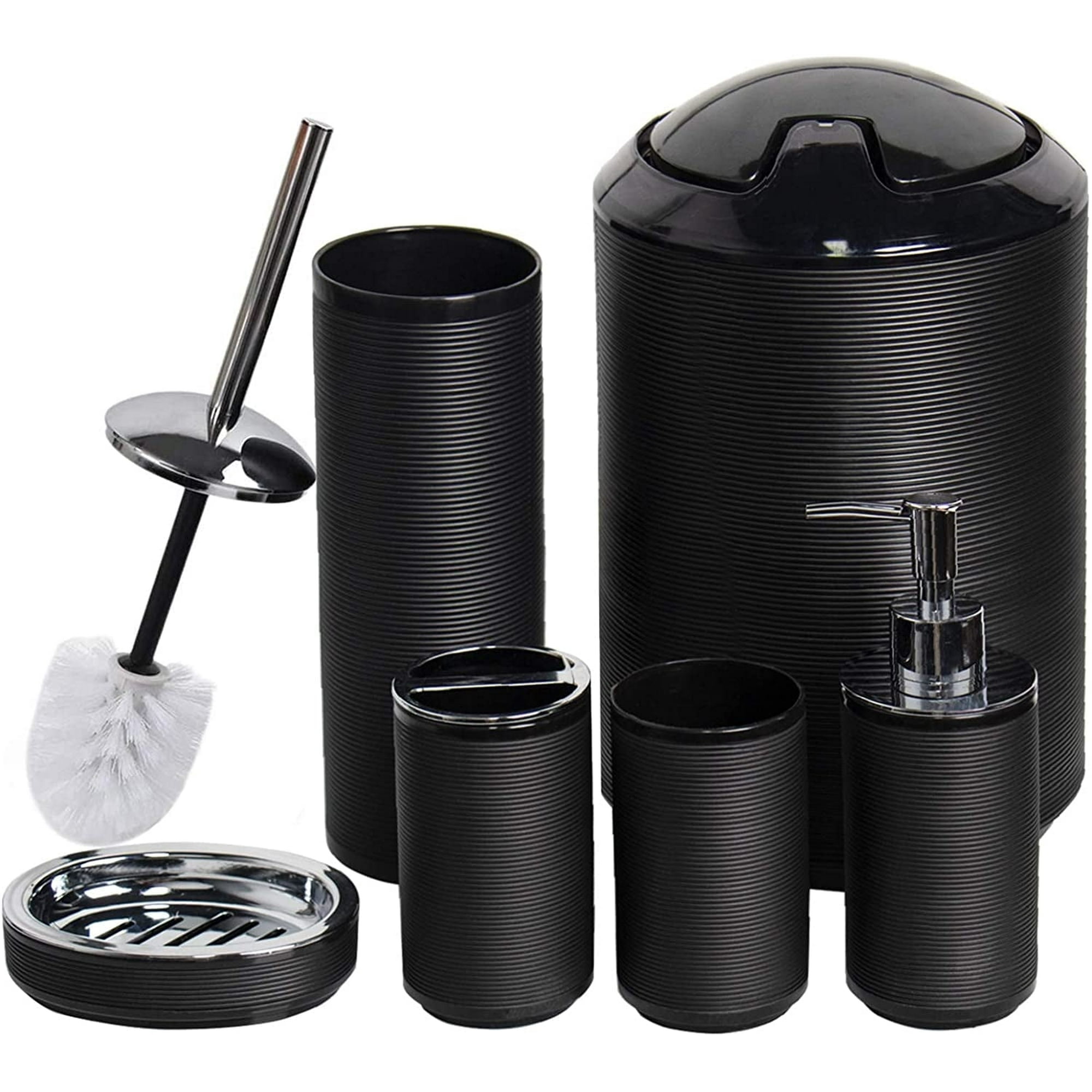 CERBIOR Bathroom Accessories Set 6 Pcs Bathroom Set Ensemble Complete Soap Dispenser Toothbrush Holder Tumbler Soap Dish Toilet Cleaning Brush Trash Can, Thread Black