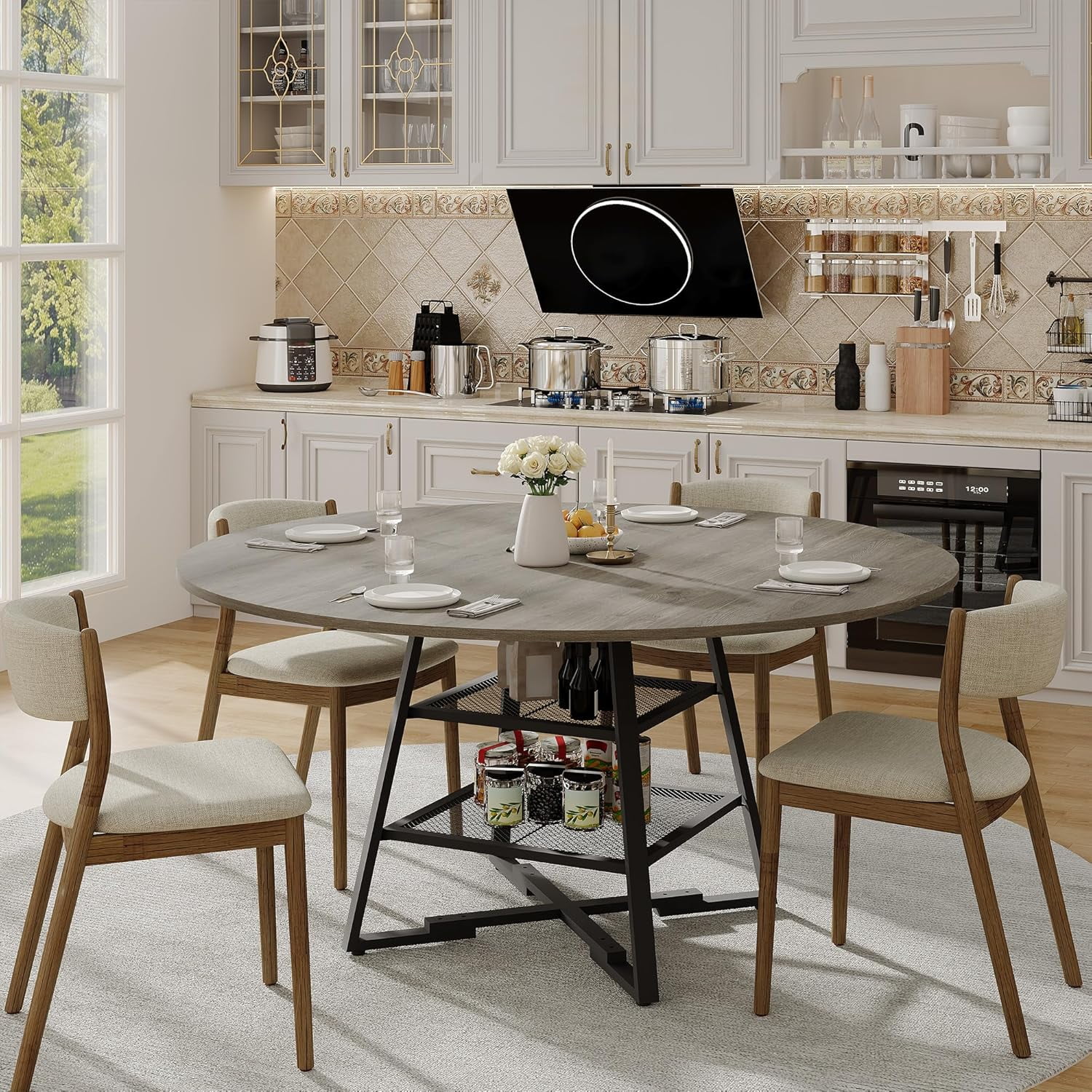 Gaderth Dinning Room Tables for 4, Round Dining Table Set with Storage, Circle Kitchen Dining Table with Metal Base, 47 Inch Wood Kitchen Tables with Storage Shelf【only table】