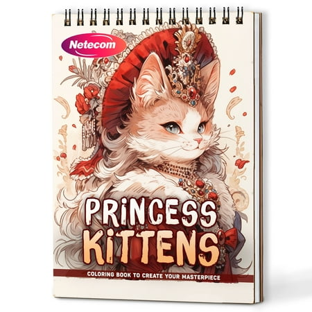 Netecom Princess Kittens Coloring Book Spiral Bound For Adults A5 Wooden Cover 30 Elegant Coloring Pages in Royal Cat Palaces for Stress Relief and Relaxation