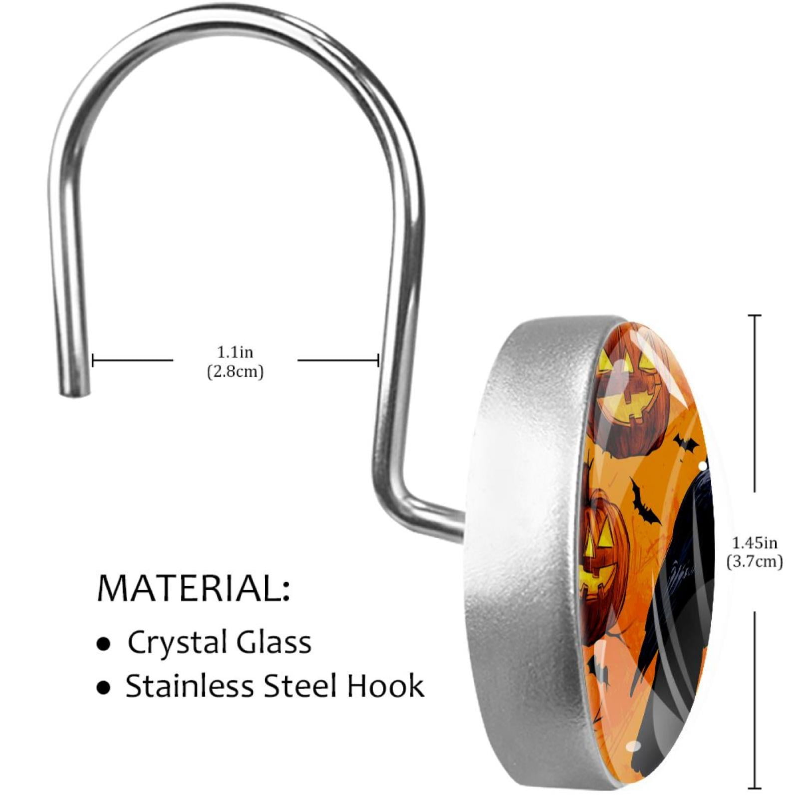 Flying Bat Crow Pumpkin Shower Curtain Hooks Round Crystal Glass, Set of 12 Shower Curtain Rings - Shower Hooks for Curtain Shower Rings