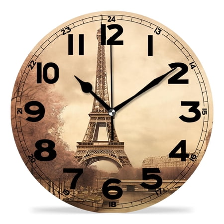 erolrail Rustic Wall Clock,Silent Non Ticking Wall Clocks for Living Room,Bedroom,Kitchen 12IN Eiffel Tower Retro Paris Pattern