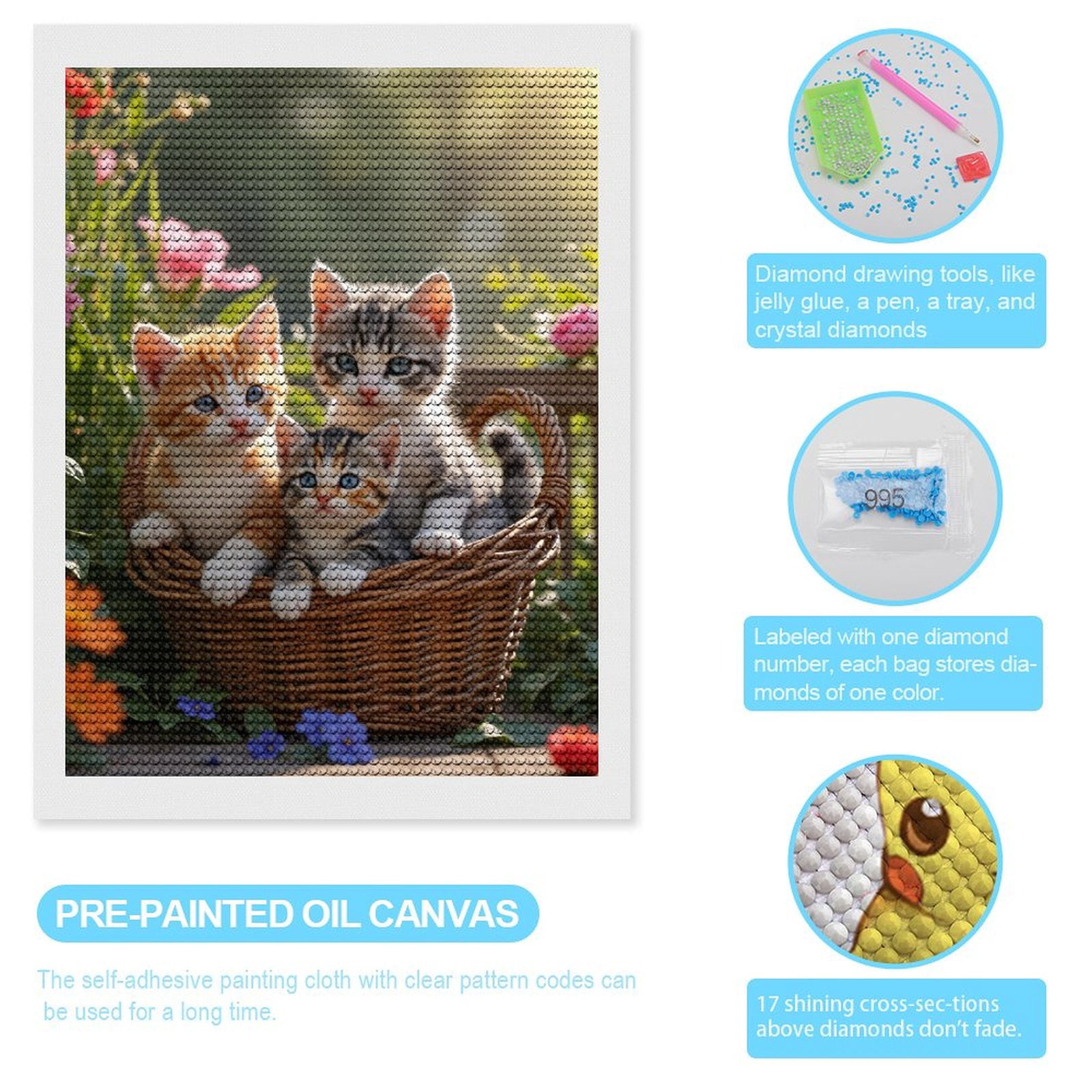 Diamond Art Kits for Adults, Kittens In Basket Among Flowers 5D Diamond Painting Kits for Adults Beginners, DIY Full Drill Diamond Painting, Gem Art and Crafts 12x16