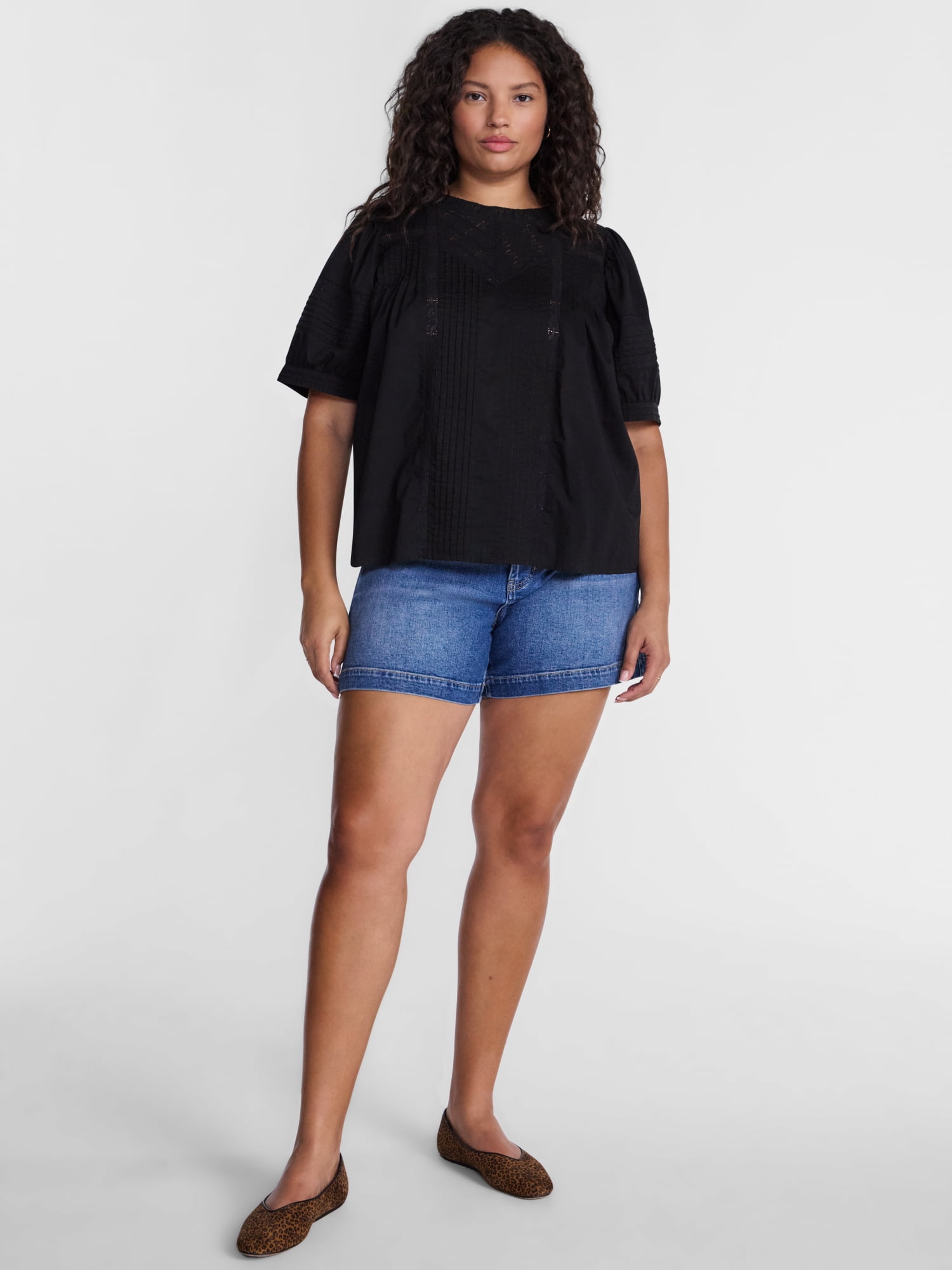 Terra & Sky Women's Plus Lace Trim Swing Top with Elbow Length Puff Sleeves, Sizes 0X-5X