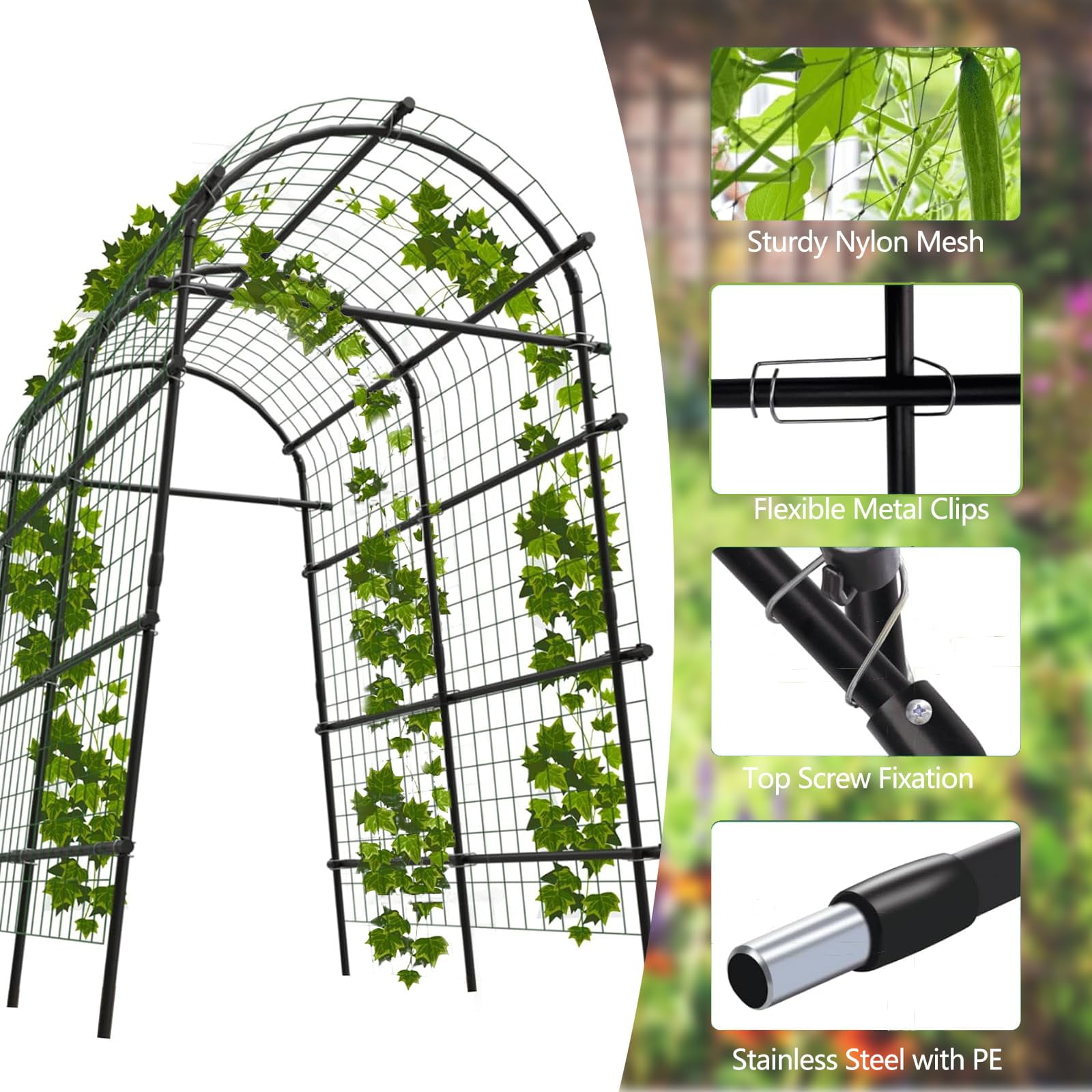 Gaderth Cucumber Trellis, Adjustable Garden Arch Trellis, Metal Arch Vegetables Trellis, 7.5FT Metal Arbor with Climbing Net, Weather-Resistant Pergola for Vines, Roses, Vegetables & Flowers, Sturdy