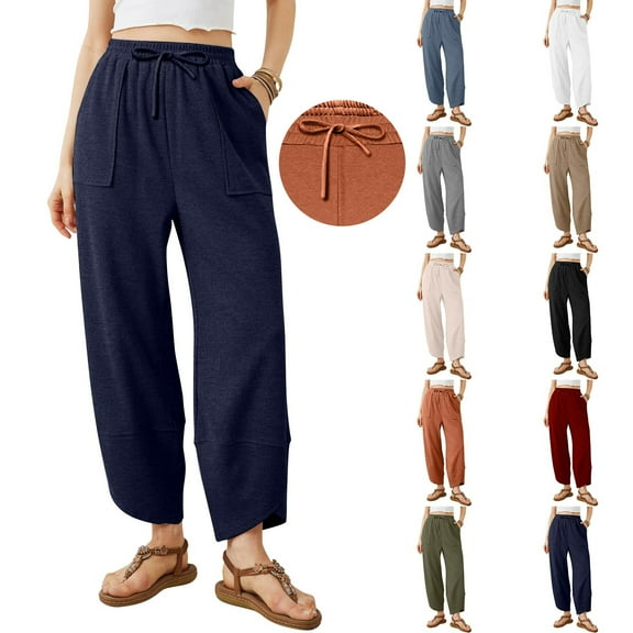 Ladies Cropped Sweatpants with Crossed Cuff Detail and Pockets Comfortable Straight Leg Casual Cotton Trousers