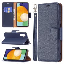 Feishell Phone Case for Samsung Galaxy A14 5G 6.6 inch,Lychee Texture Plain PU Leather Magnetic Clasp Folio Flip Kickstand Wallet Phone Case with Card Slots & Wrist Strap,Blue