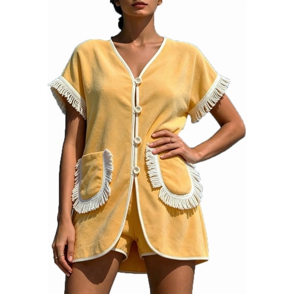 otnbgsr Womens 2 Piece Fringe Trim Lounge Set Button Up V Neck Top and Shorts Vacation Outfit with Pockets