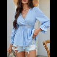 thumbnail image 4 of Blusa Cruzada con Cuello en V y Mangas Largas Abullonadas para Mujer, Camiseta Informal con Dobladillo con Volantes para y Verano. Azul L, 4 of 10
