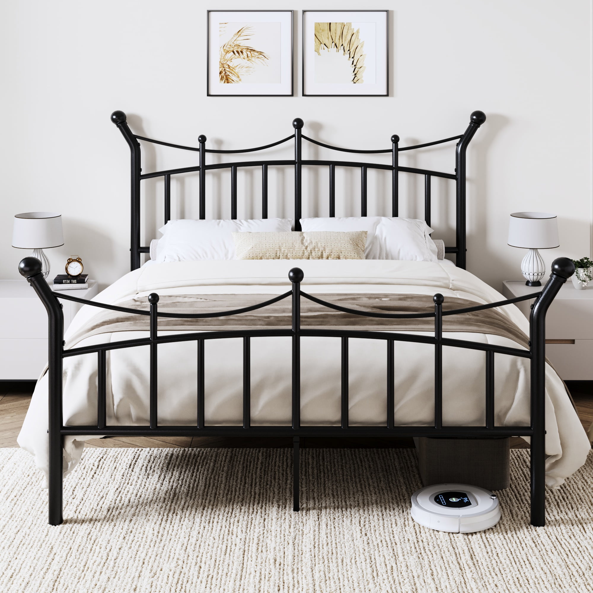 Allewie 14 Inches Full Size Metal Platform Bed Frame with Elegant Crown Headboard & Footboard, Sturdy Mattress Foundation with Under-Bed Storage, Easy Assembly, No Box Spring Needed, Black
