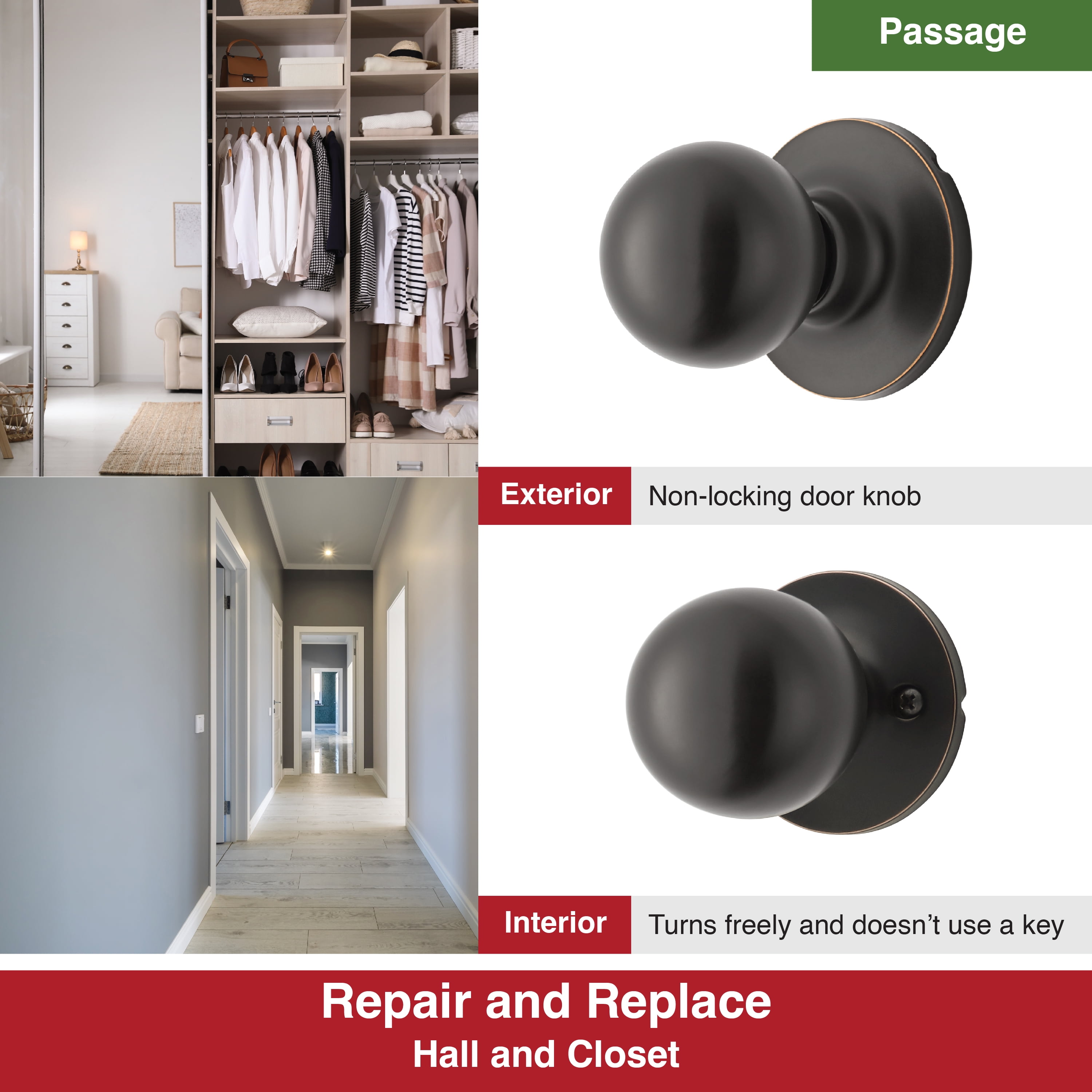 (2 pack) Hyper Tough Interior Non-Locking Ball Passage Hall & Closet Doorknob Oil Rubbed Bronze Finish