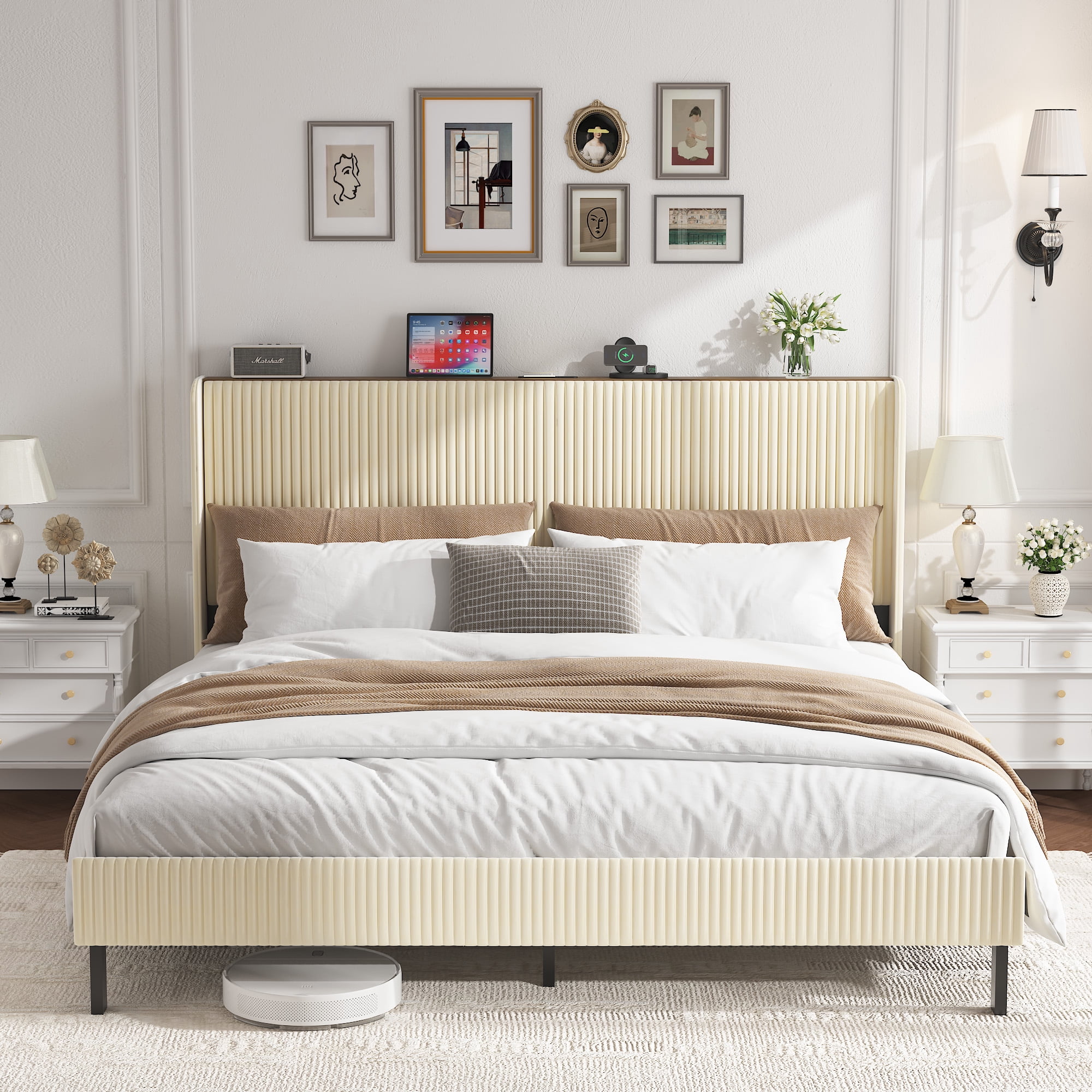 BSHTI King Size Velvet Upholstered Platform Bed Frame with USB Ports, Beige Wood & Metal Bed Frame with Storage Shelf Headboard, Modern Accent Bedroom Furniture for Bedroom, No Box Spring Needed