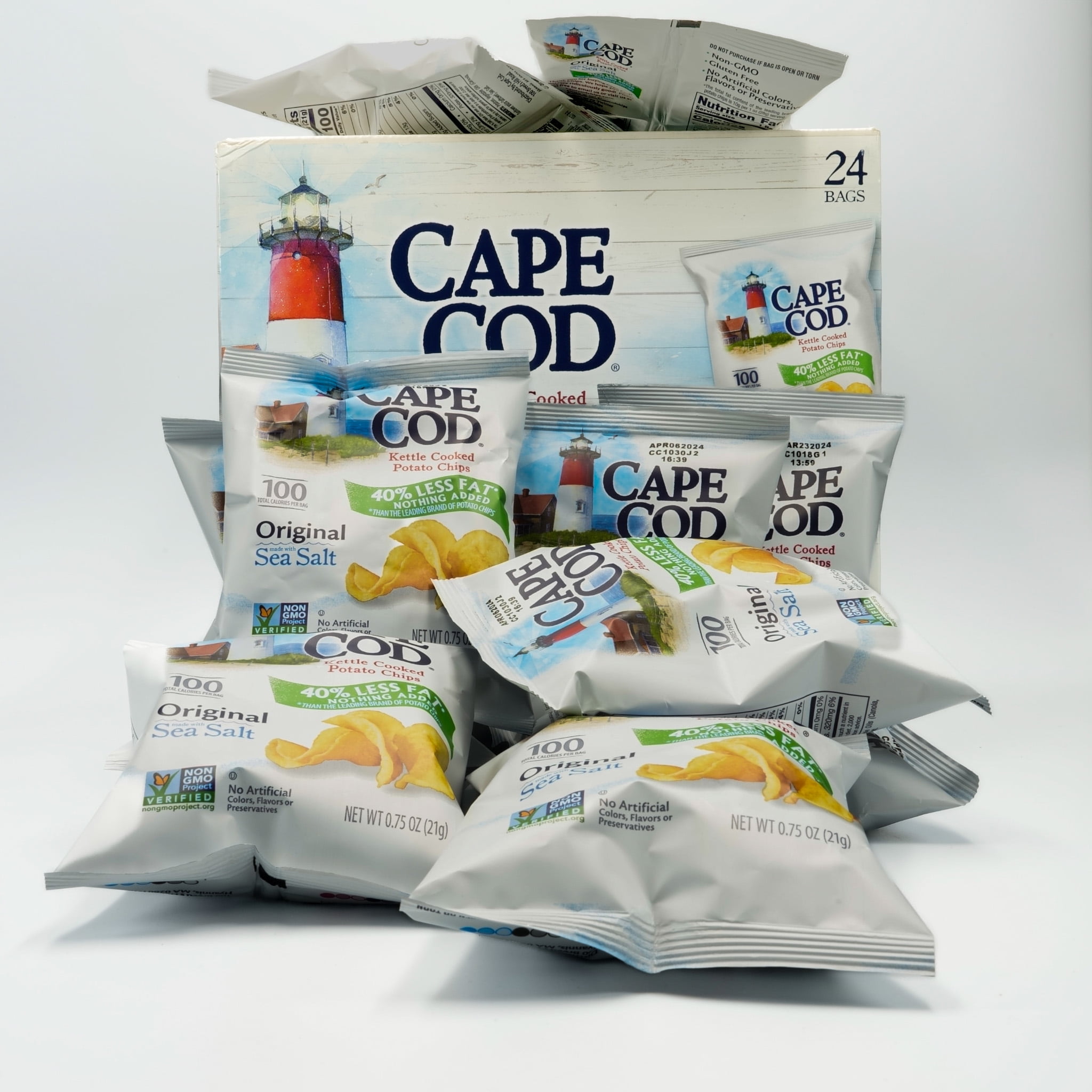 Cape Cod Kettle Cooked Potato Chips, Original Flavor, 40% Reduced Fat, 24 - 0.75 oz Bags.