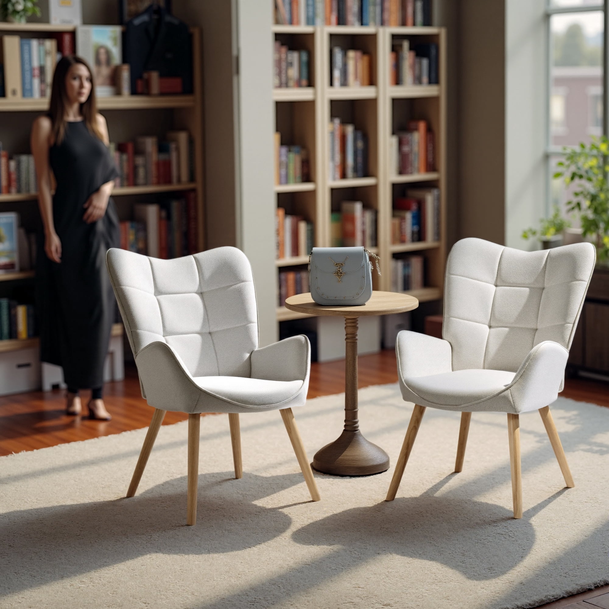 Homy Casa Set of 2 Ivory Fabric High Back Accent Chairs with Armrests for Living Room and Bedroom