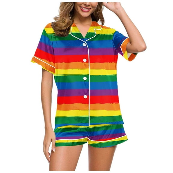 Bibifish Womens Pajamas Sets Short Sleeve Rainbow Color Short Sleeve Botton Down Pj Sets Ladies Tops Shorts Two Piece Short Sleepwear
