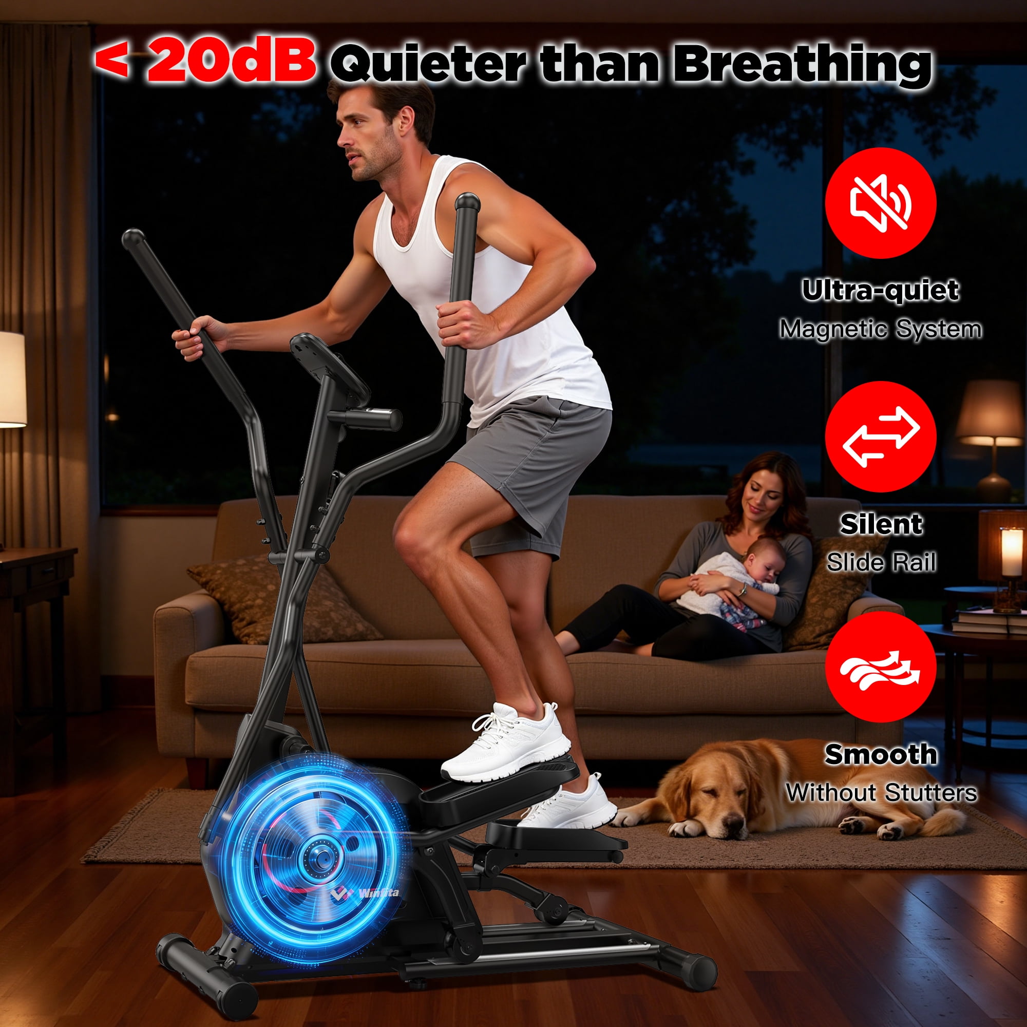 Elliptical Machine, Total Body Fitness Cross Trainer for Home Use, Cardio Workout Training Elliptical Trainers with Hyper-Quiet Electromagnetic Front Driving System, 18IN Stride, 14 Resistance Levels