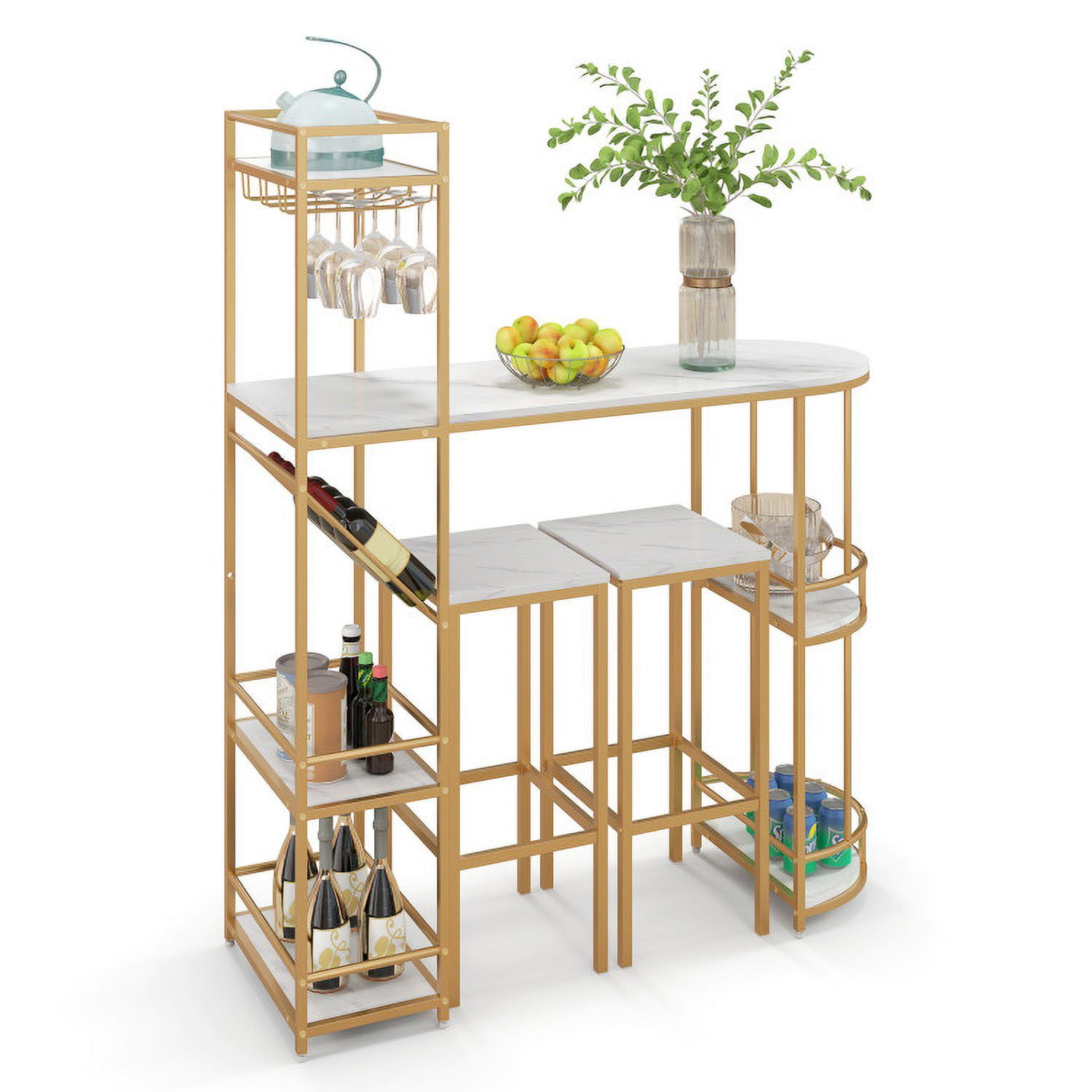 Finihen Dining Set, Dining Table Set, 3 Pieces Bar Table Set with Storage Shelves and Wine Rack, for Home, Restaurant, Golden Finihen Dining Set, Dining Table Set, 3 Pieces Bar Table Set with Storage Shelves and Wine Rack, for Home, Restaurant, Golden