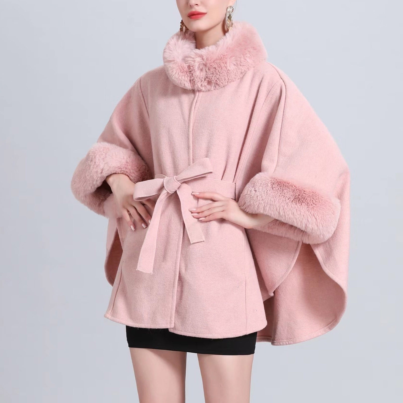 Women Faux Fur Collar Knit Wrap Cape Open Front Tassel Hem Winter Shawl  Warm Wrap Cape (F) at  Women's Clothing store