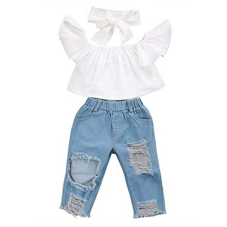 - Baby Girls Kids Off Shoulder Top+ Denim Jeans Pants with Headband Outfits Set