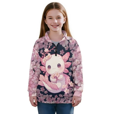 Chaqlin Cherry Blossom Funny Axolotl Half Zip Sweatshirts for Girls Boys Kids Youth Comfy Casual Loose Fit Long Sleeve Autumn Winter Clothing 5-14 Years Size