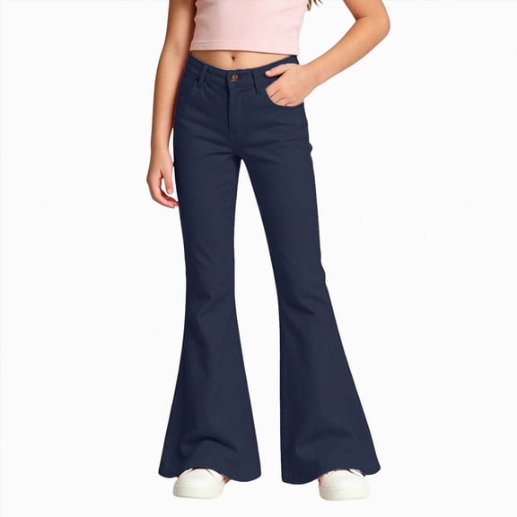 Linfrsh Girls Flare Leggings School Uniform Pants for Kids Bell Bottoms (Navy,12-13 Years)