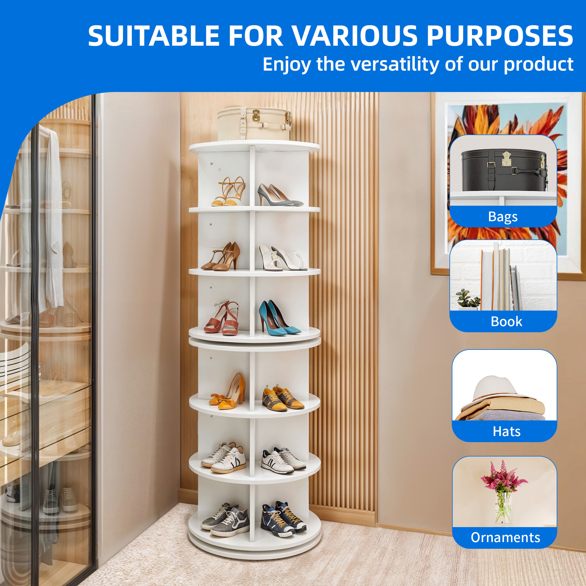 Uforic 6 Tier Rotating Shoe Rack Tower, 360° Spinning Shoe Display Lazy Susan,Vertical Rotate Shoes Closet Organization, White