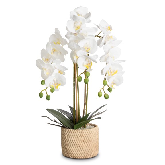 21'' Artificial Orchid Flowers With Cement Imitation Woven Basket Plant Silk Floral For Home Decor
