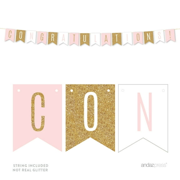 Signature Blush Pink, White, Gold Glittering Party Collection, Hanging Pennant Banner, Congratulations!