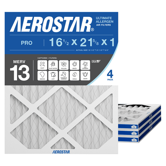 Aerostar 16.5x21.625x1 MERV 13 Pleated Air Filter, 4 Pack, Furnaces Filter, HVAC Filter