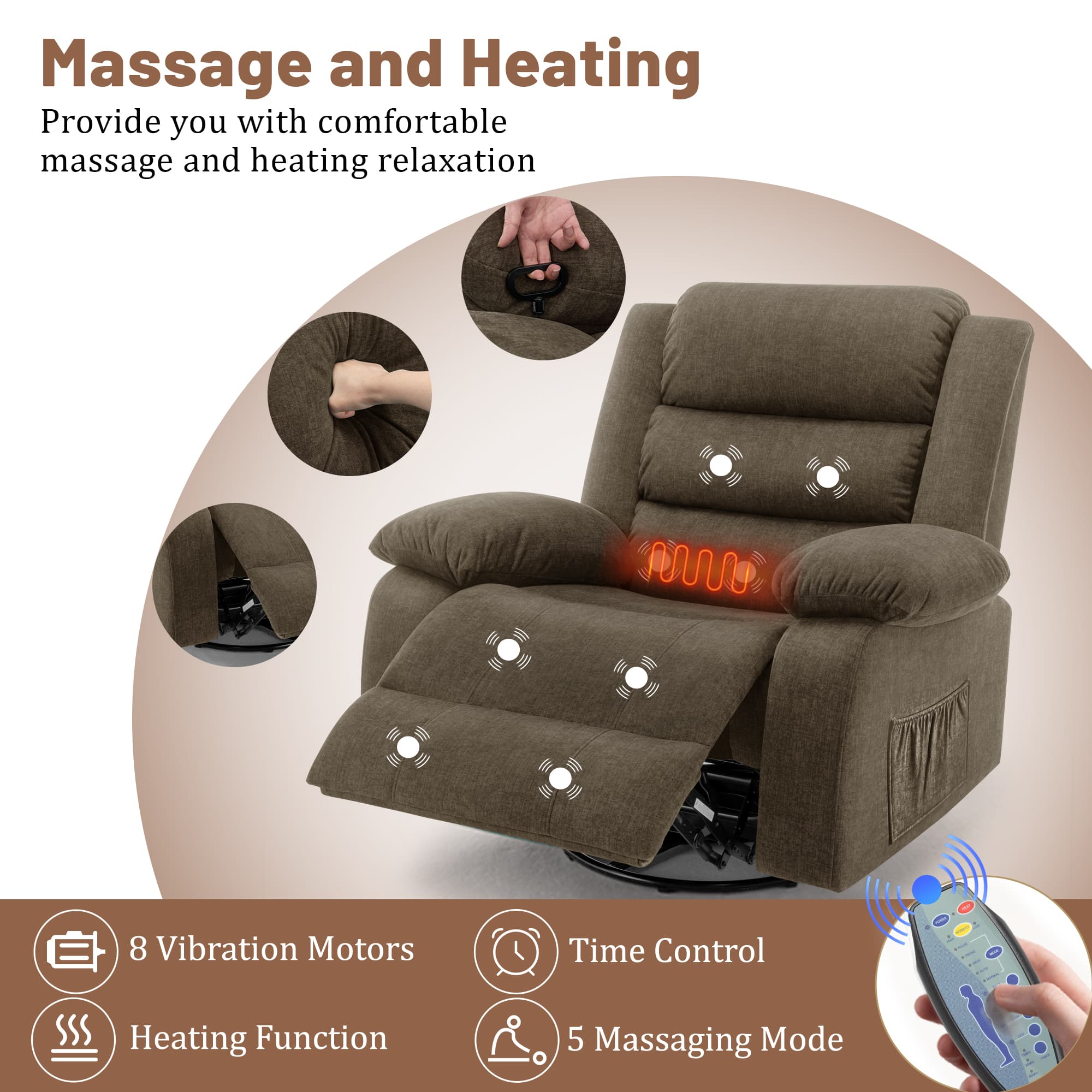Korser Oversized Swivel Rocker Recliner Chair with Massage and Heating for Living Room,Brown