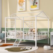 paproos House Bed Full Size, Metal Platform Bed Frame with Roof, No Box Spring Needed, Full Bed Frame with Slatted Support, Modern House Bed for Toddler Kids Girls Boys Teens, Holds 350lbs, White