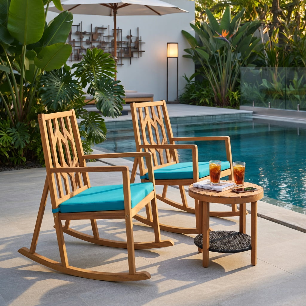 Hommoo Acacia Wood Patio Rocking Chair Sofa with Removable Turquoise Cushion, Outdoor Garden & Deck Rocker for Backyard, Poolside, or Porch, Turquoise