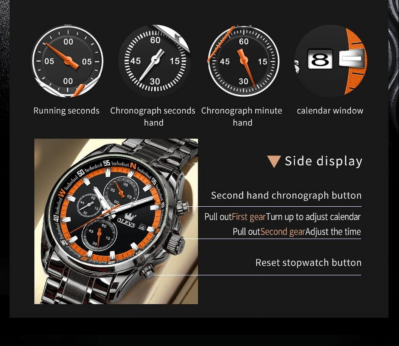 OLEVS Mens Watches,Big Dial Watches for Men Chronograph Stainless Steel Watch with Day Waterproof Analog Quartz Watches for Man Classic Business Wristwatch Luxury Luminous Reloj para Hombre