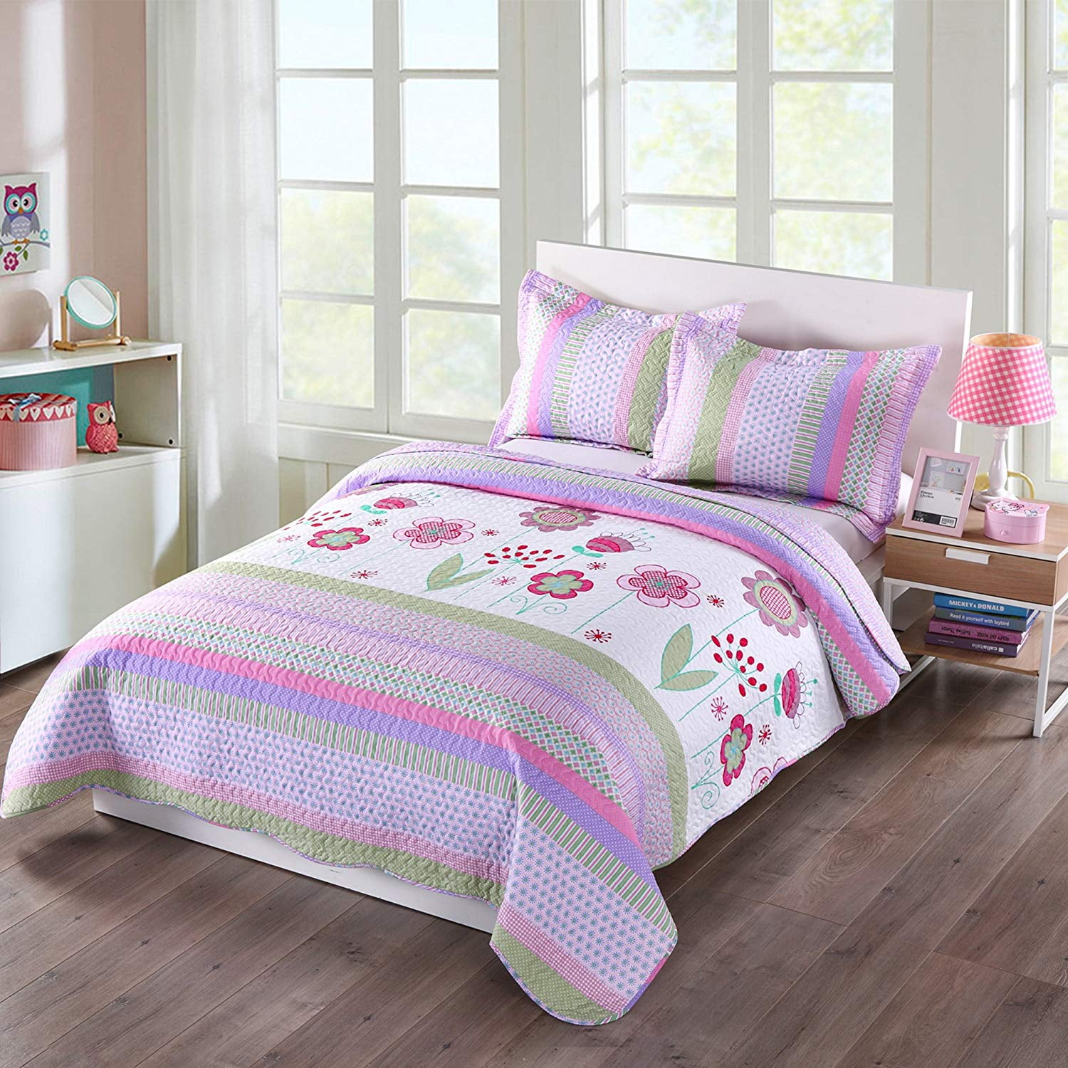Full Size Purple Floral Striped Full MarCielo 3 Piece Kids Bedspread Quilts Set Throw Blanket for Teens Girls Bed Printed Bedding Coverlet
