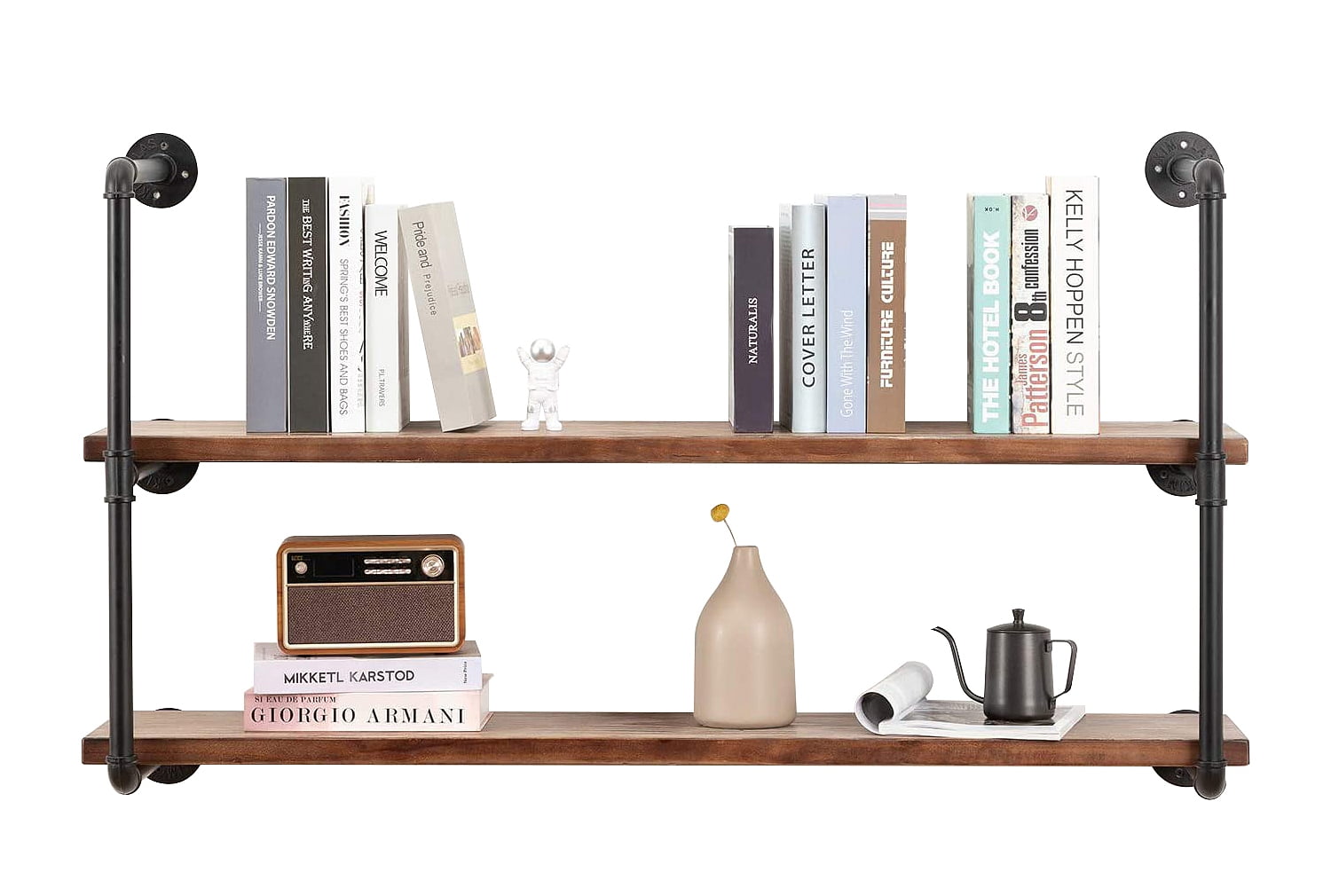 Industrial Shelves, Wall Mount 2 Tiers Pipe Wood Shelf, DIY Bookshelf