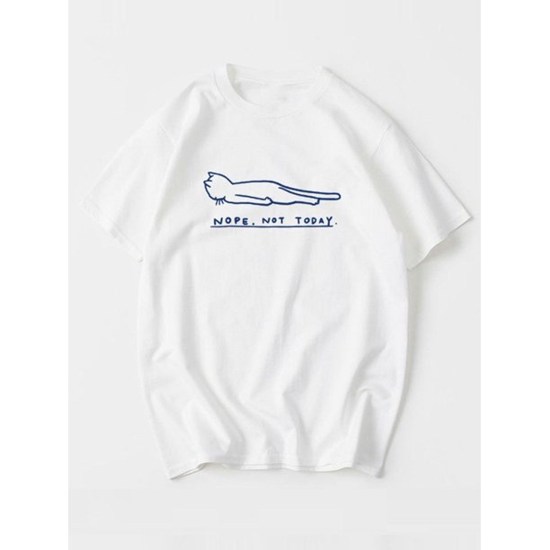 Camiseta informal de algodón para hombre con estampado de gato perezoso, cuello redondo, ligera elasticidad, corte regular, tejido de punto de verano - 100 % algodón, 220 g/m²
