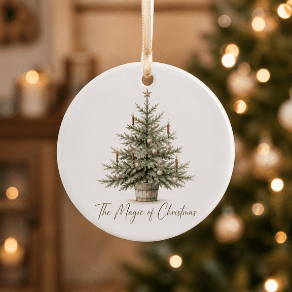 Christmas Ornament Vintage Pine Tree and Red Candles Round Hanging Holiday Gift