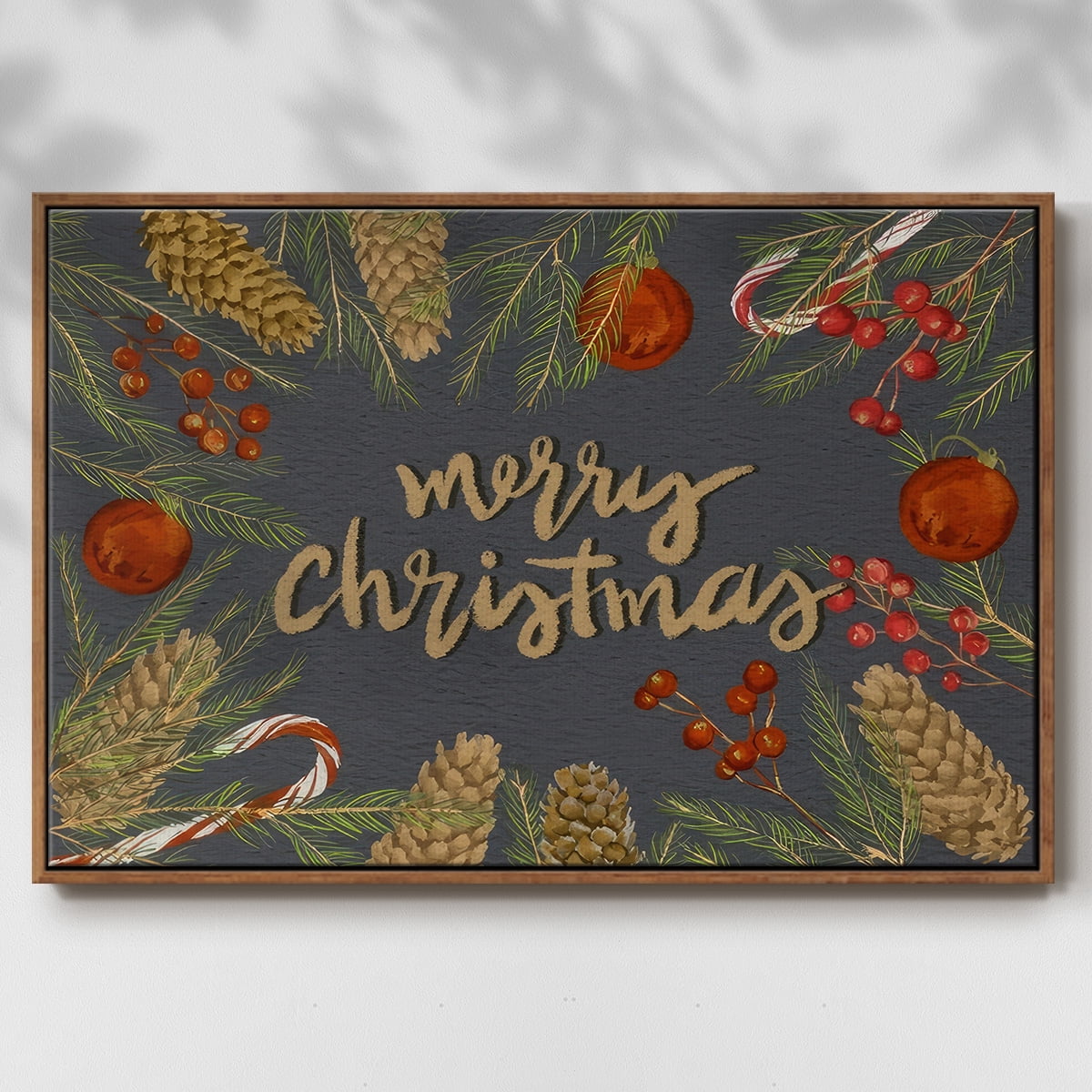Holiday Sentiment I - Framed Gallery Wrapped Holiday Canvas - 17 x 25 - Rosewood Frame