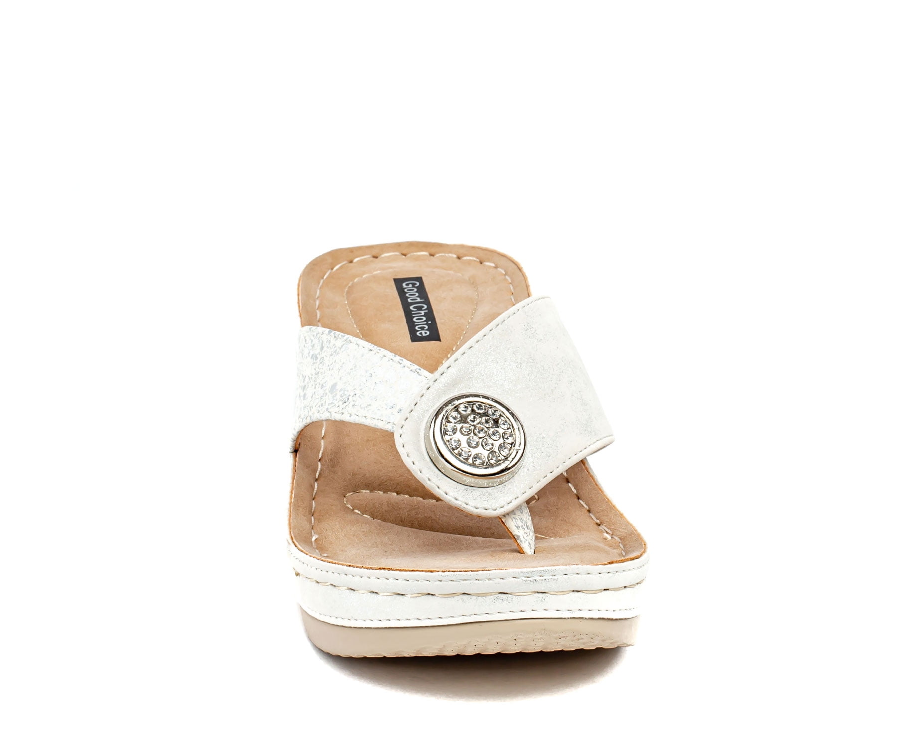 G.C. Shoes Dafni Wedge Sandals - White Faux Leather With Rhinestones, Cushioned Footbed