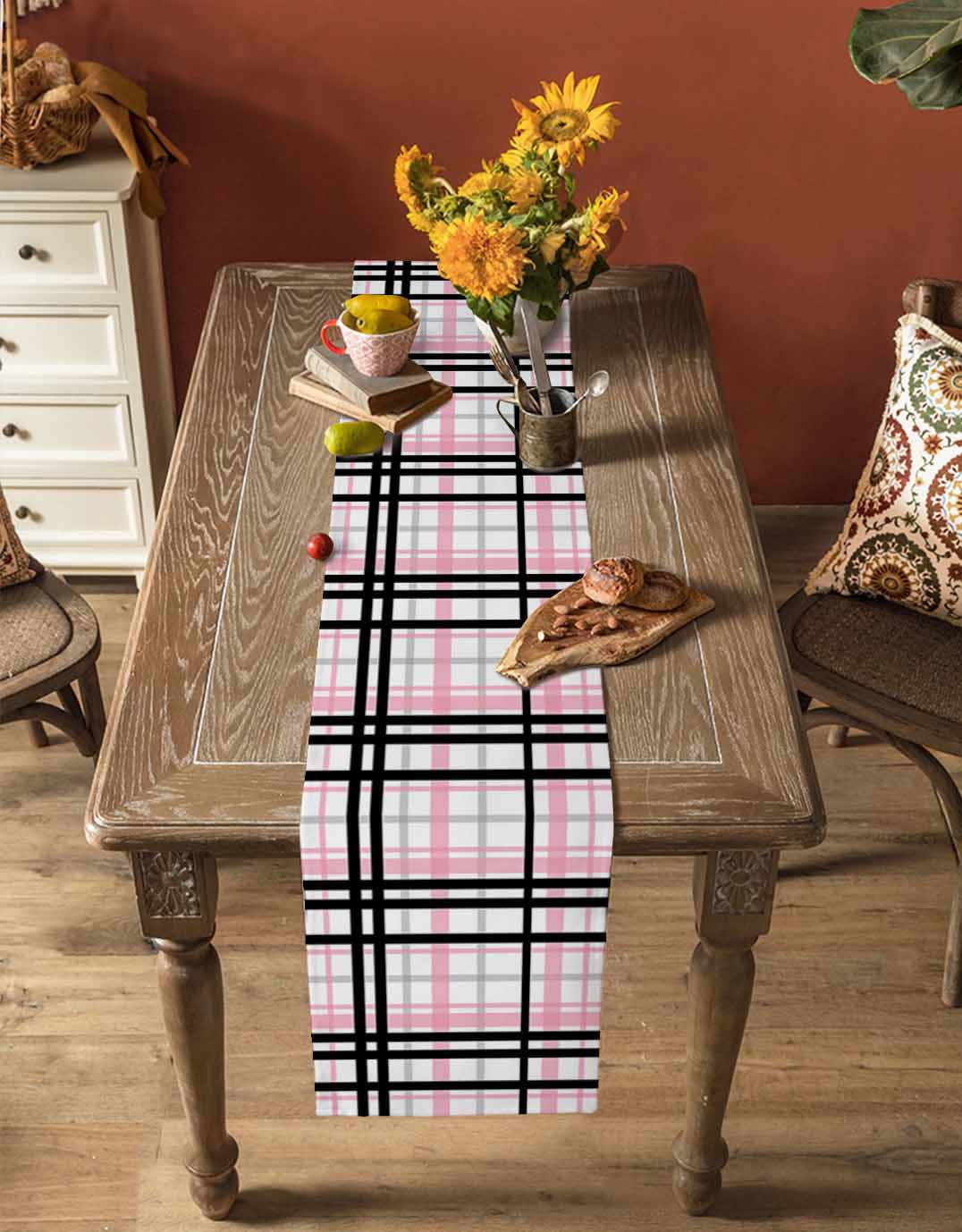 Ldtrchee Pink Black Plaid Table Runner 108 Inches, Farmhouse Pink Black Checkered Bed Runner Dresser Scarves Tabletop for Indoor Outdoor Parties/Ceremony/Banquet, 13"x 108"