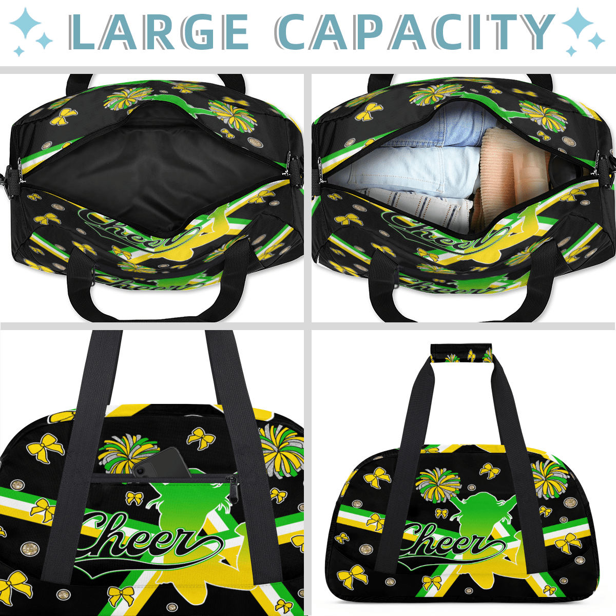 Herdesigns Cheerleader Bags Overnight Duffel Bags Cheer Green Yellow Sport Gym Bag Travel Bag Travel Waterproof Weekender Bag Carry On Travel Tote Bag Dance Bags