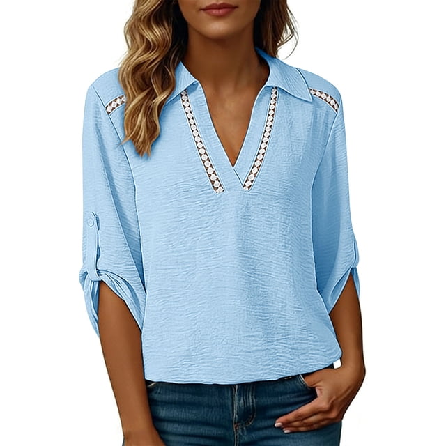 Camisetas de Cuello en V de Manga Larga para Mujeres Blusas Casuales Vestidas con Cuello de Encaje Hueco