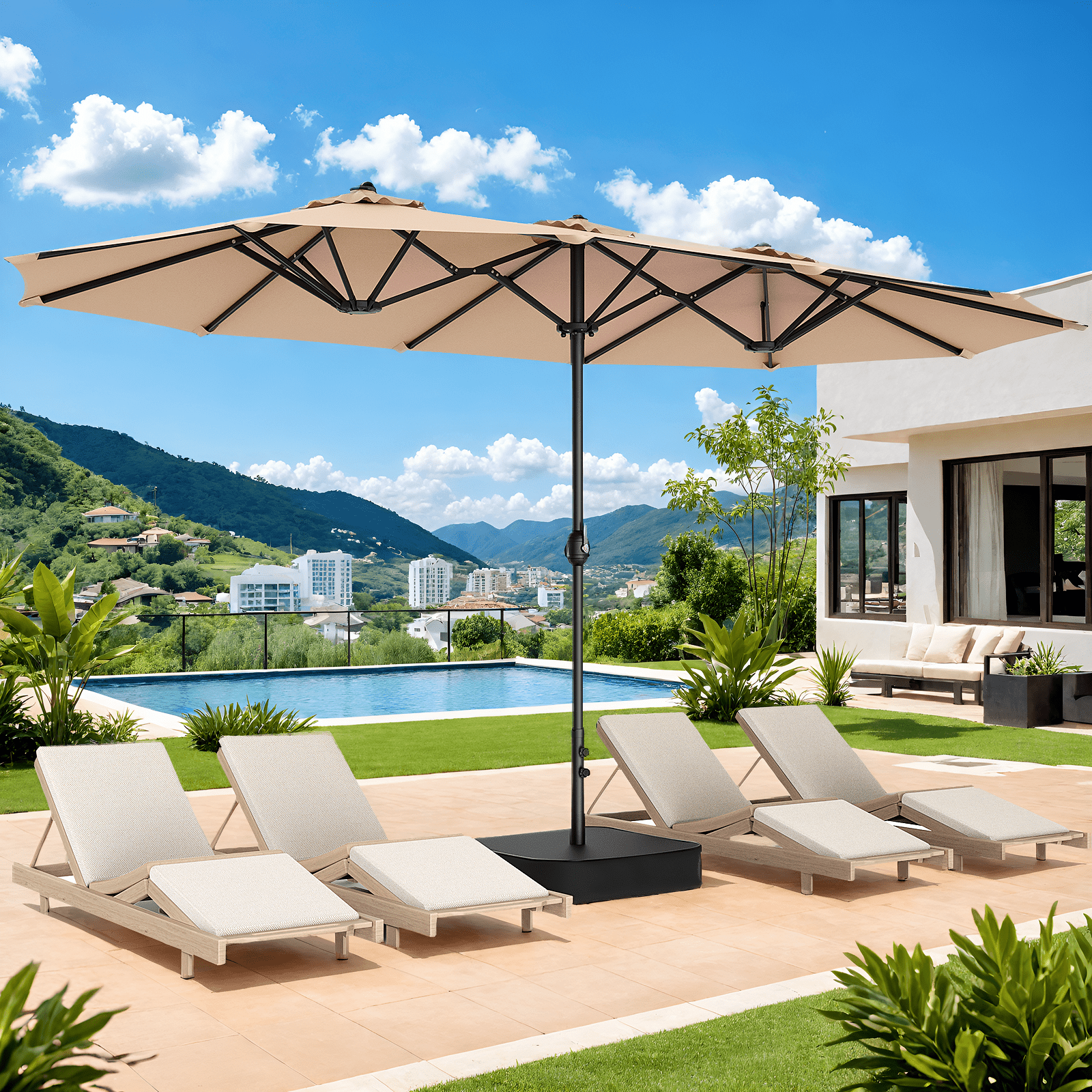 Vitarpatio 15 ft Double Sided Patio Umbrella with Base, Extra Large Outdoor Market Umbrella with Crank Handle, Rectangular Outdoor Deck Umbrella