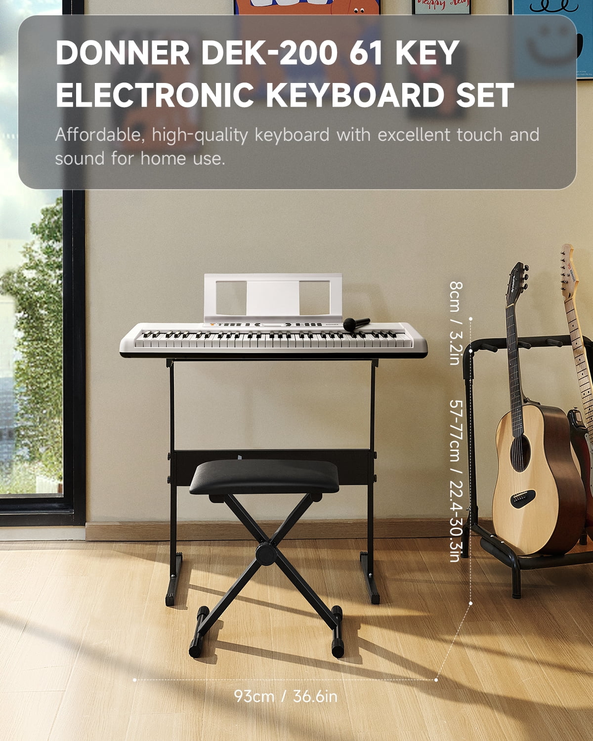Donner DEK-200 61 Key Electronic Piano Keyboard Set, Auto Accompaniment, Record, Includes 300 Tones, with Stand, Bench, Microphone, White